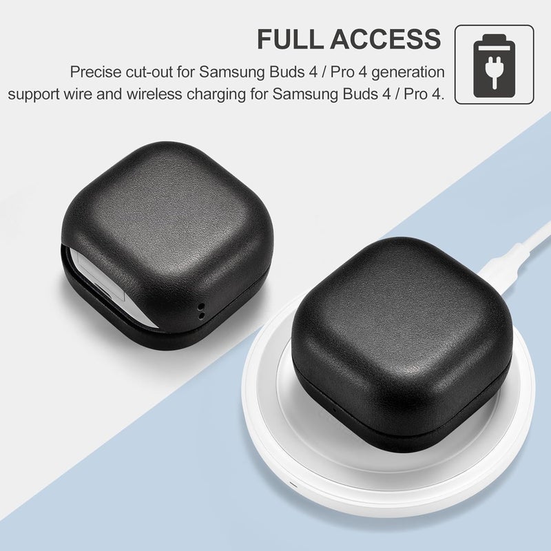 آيكيرير حافظة جلدية لسماعات Galaxy Buds 4/4 Pro 2026، من مادة الجلد الأصلي عالي الجودة من ، حافظة واقية مقاومة للصدمات، مزودة بشاحن لاسلكي مرئي بإضاءة LED (لون أسود) - Image 4