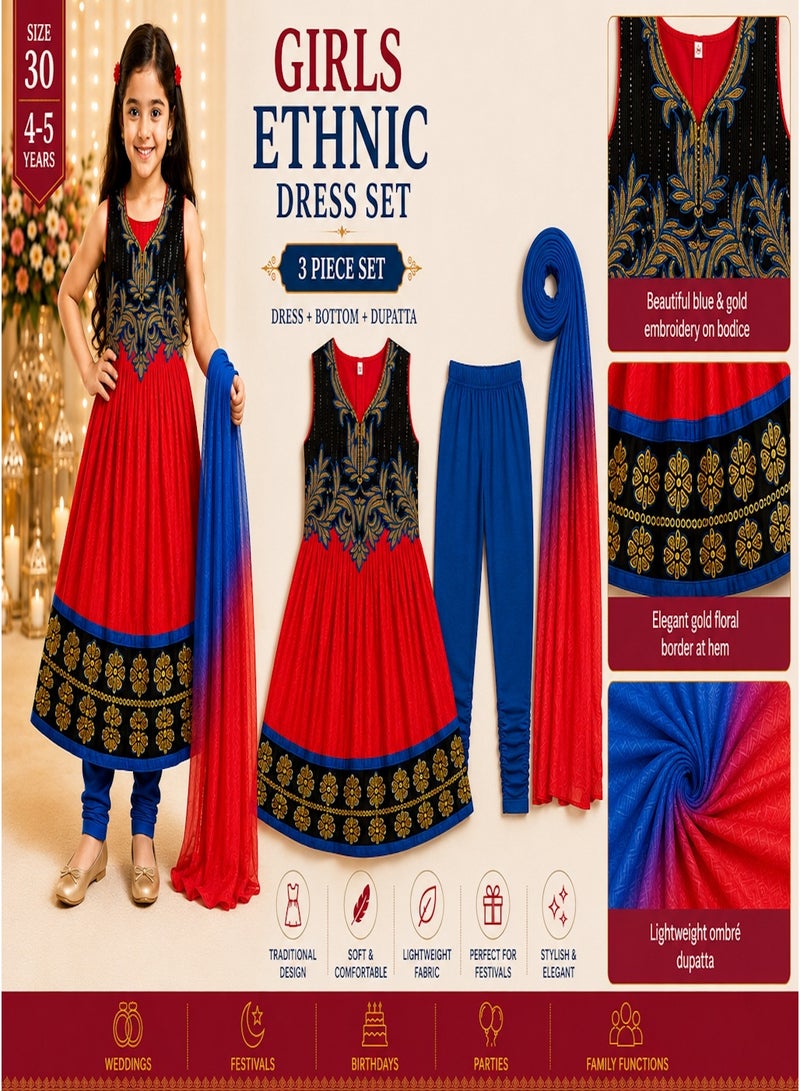 JOLLITY LLC Girls Ethnic Dress Set with Dupatta, Red & Black Traditional Party Wear Dress with Blue Bottom, Size 30, 4–5 Years - Image 2
