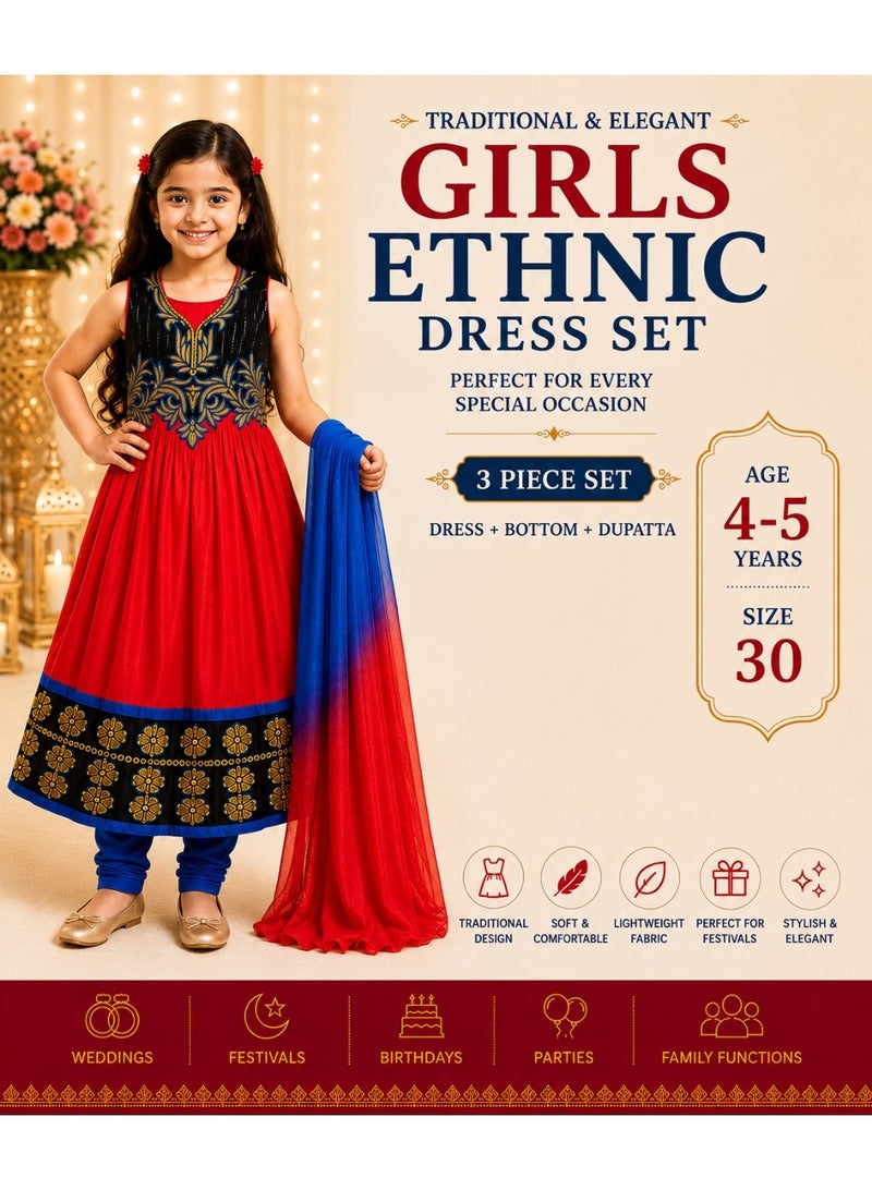 JOLLITY LLC Girls Ethnic Dress Set with Dupatta, Red & Black Traditional Party Wear Dress with Blue Bottom, Size 30, 4–5 Years - Image 1