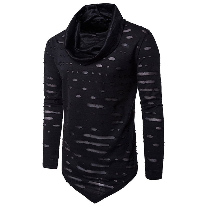 COTTORY Men's Pure Colour Hipster Hiphop Holes Design Hem Liberal-C Long Sleeve T-Shirt Black Medium - Image 1