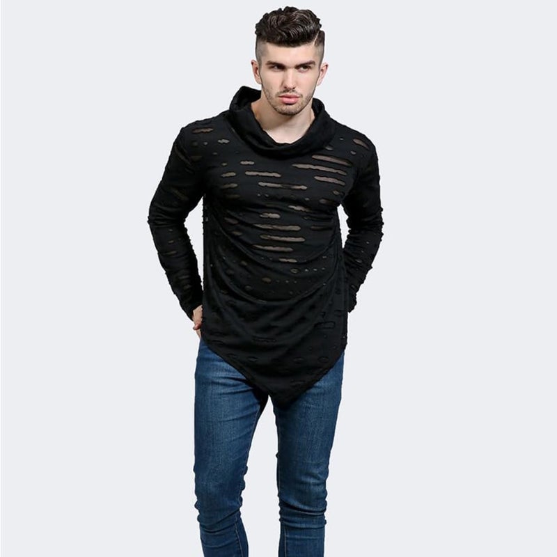 COTTORY Men's Pure Colour Hipster Hiphop Holes Design Hem Liberal-C Long Sleeve T-Shirt Black Medium - Image 2