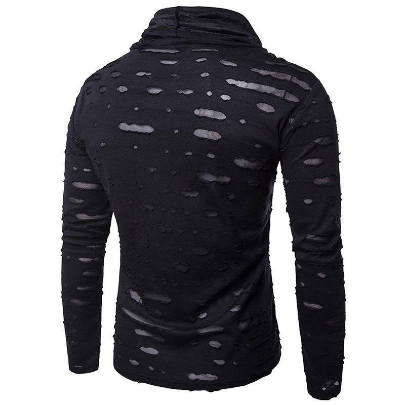 COTTORY Men's Pure Colour Hipster Hiphop Holes Design Hem Liberal-C Long Sleeve T-Shirt Black Medium - Image 3