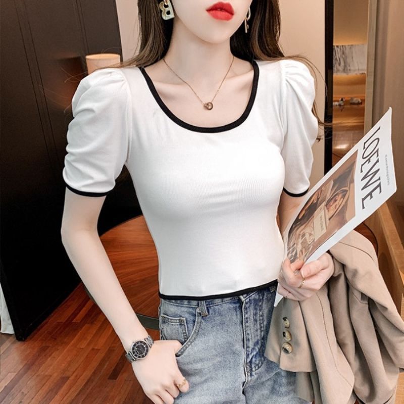 Contrast Color U-Collar Short-Sleeved T-Shirt Women'S 2024 Korean Style French Style Retro Puff Sleeve Slim-Fit Short Top Trendy - Image 2