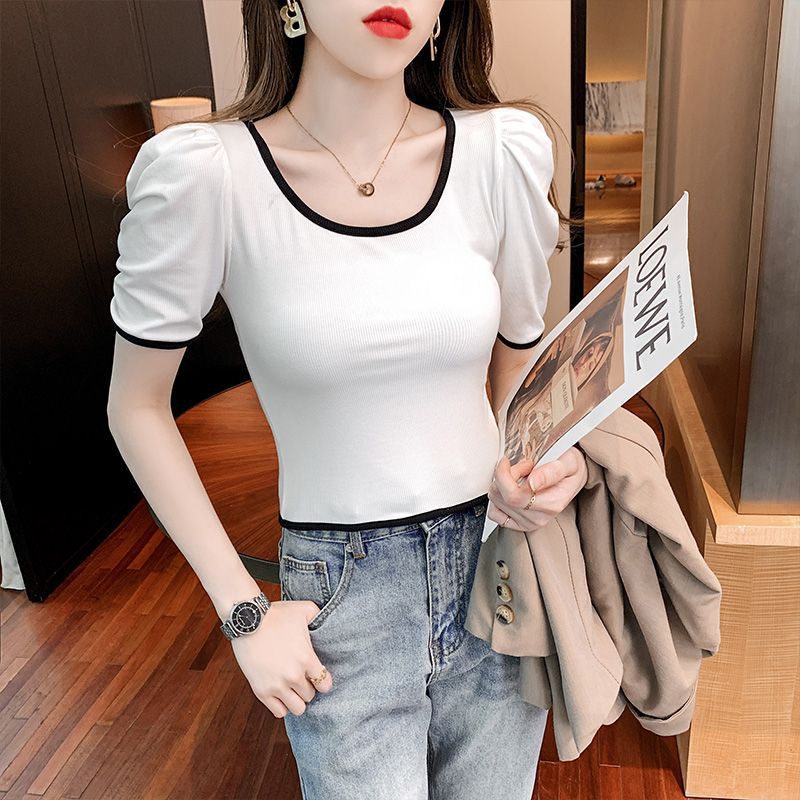 Contrast Color U-Collar Short-Sleeved T-Shirt Women'S 2024 Korean Style French Style Retro Puff Sleeve Slim-Fit Short Top Trendy - Image 1