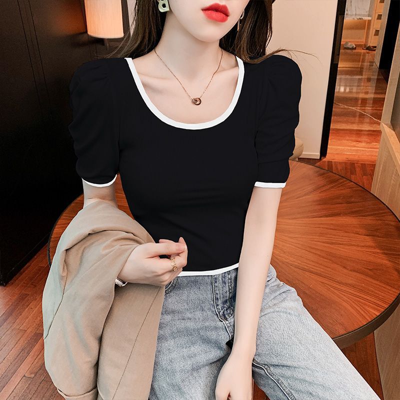 Contrast Color U-Collar Short-Sleeved T-Shirt Women'S 2024 Korean Style French Style Retro Puff Sleeve Slim-Fit Short Top Trendy - Image 3