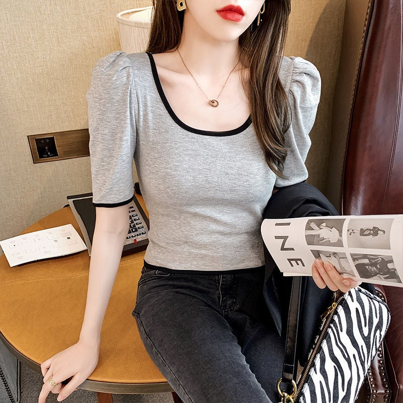 Contrast Color U-Collar Short-Sleeved T-Shirt Women'S 2024 Korean Style French Style Retro Puff Sleeve Slim-Fit Short Top Trendy - Image 4