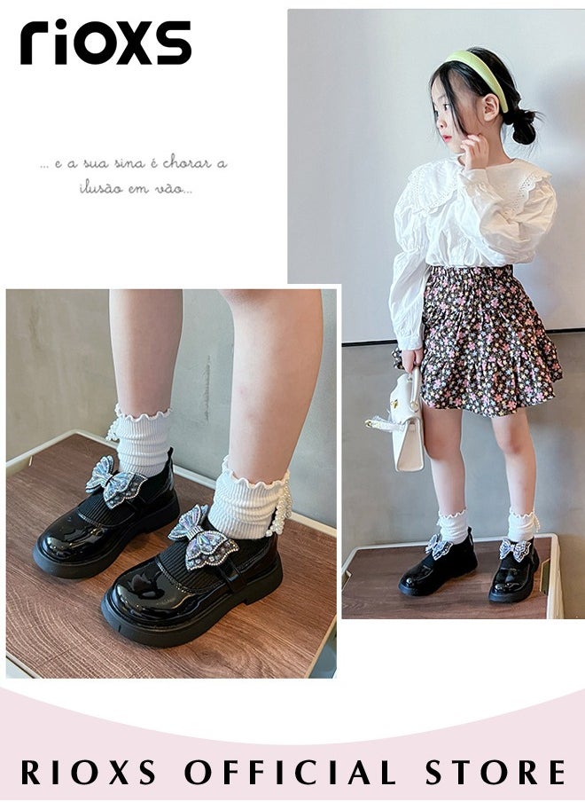 RIOXS - Girls' Bowknot Flat Loafers Closed Round Toe Patent Leather Fashion Slip-On Shoes Low Heel School Uniform Shoes for Special Occasions and Casual Wear - Image 1