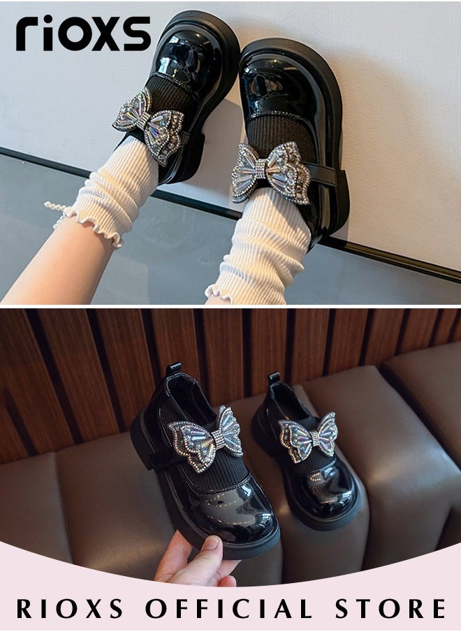 RIOXS - Girls' Bowknot Flat Loafers Closed Round Toe Patent Leather Fashion Slip-On Shoes Low Heel School Uniform Shoes for Special Occasions and Casual Wear - Image 1