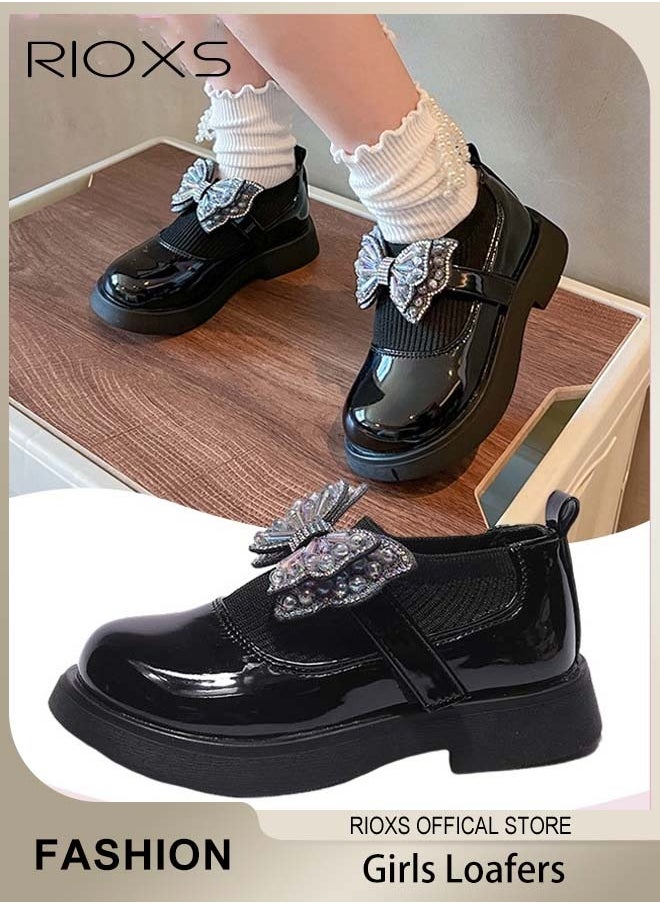 RIOXS - Girls' Bowknot Flat Loafers Closed Round Toe Patent Leather Fashion Slip-On Shoes Low Heel School Uniform Shoes for Special Occasions and Casual Wear - Image 1