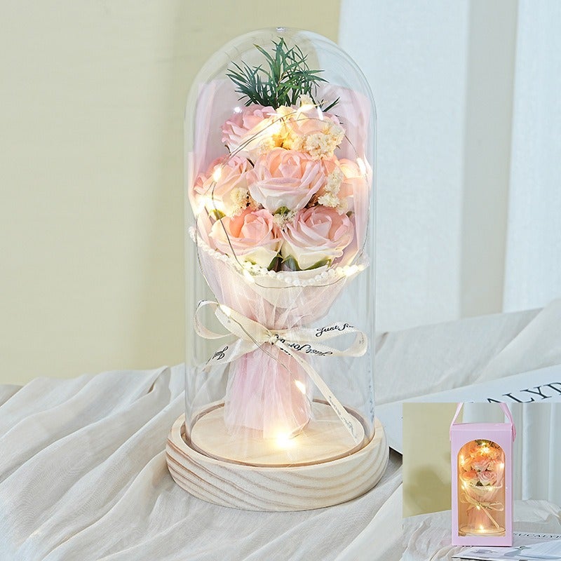 Preserved Rose Flower Gift Box with Wooden Base - 7 Roses Bouquet for Teacher's Day, Birthday & Special Occasions