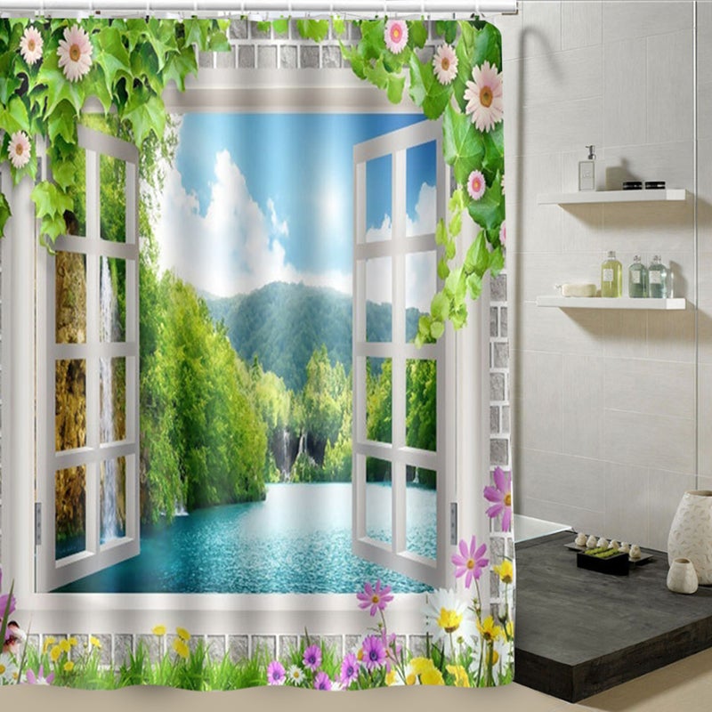 180×180 سم ستائر دوش مطبوعة جميلة من البوليستر المقاوم للماء، إكسسوارة حمام، منظر نافذة - Image 3