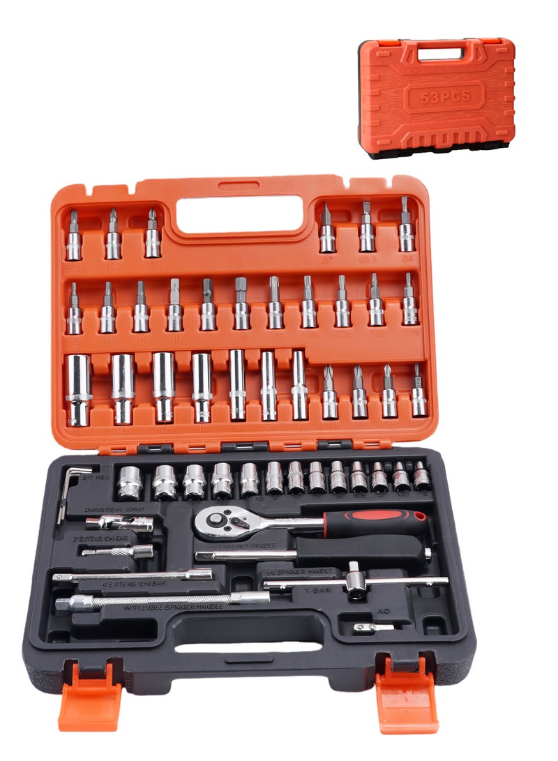 مجموعة مفاتيح مقبس مكونة من 53 قطعة، بما في ذلك مفاتيح ربط مقاس 1/4 بوصة وصندوق أدوات بلاستيكي، مناسبة لإصلاح السيارات والاستخدام المنزلي، نسخة مطورة. - Image 1