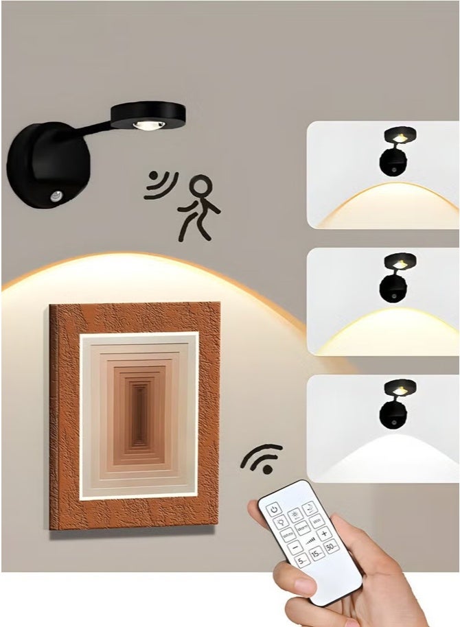 Motion Sensor Picture Light LED Cat-Eye Bulb Wall Sconce with Remote Control, 360° Rotation Wireless Rechargeable Wall Lamp with 3 Color Temperatures & 3 Brightness Levels for Paintings - Image 1