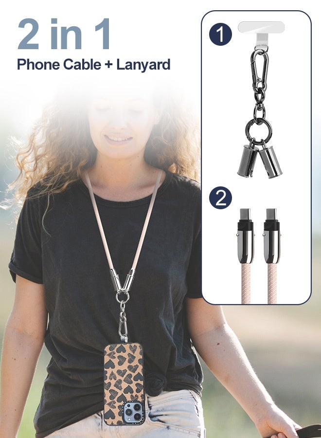 بشكل مختصر حبل هاتف 2 في 1 مزود بكابل شحن سريع مدمج من USB-C إلى USB-C، وسلك نقل بيانات نايلون عالي السرعة 60 وات، وحزام معصم متقاطع للهواتف iPhone 17/16/15 و Samsung S25 S24 Ultra S23 FE و Moto Razr/Edge 2024 و Pixel 10/9 Pro - Image 2