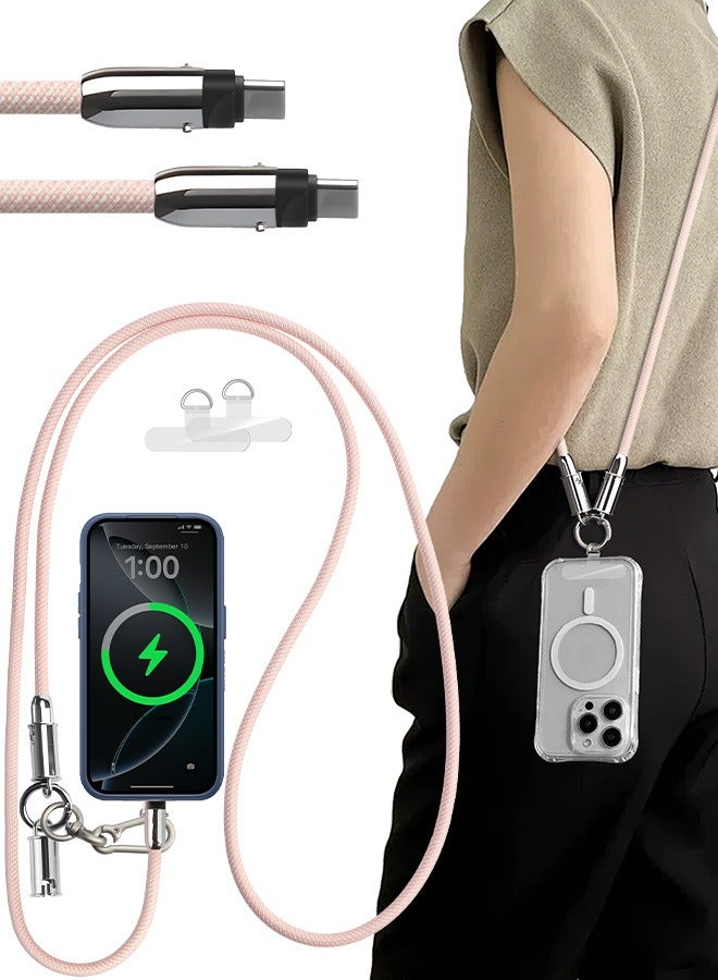 بشكل مختصر حبل هاتف 2 في 1 مزود بكابل شحن سريع مدمج من USB-C إلى USB-C، وسلك نقل بيانات نايلون عالي السرعة 60 وات، وحزام معصم متقاطع للهواتف iPhone 17/16/15 و Samsung S25 S24 Ultra S23 FE و Moto Razr/Edge 2024 و Pixel 10/9 Pro - Image 1