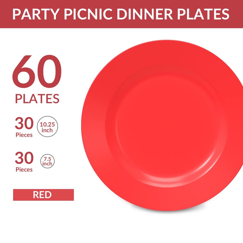 POSATE Plastic Plates Disposable 60 PCS  Heavy Duty 30 Dinner Plates 10.25"" and 30 Dessert Plates 7.5"" for Party  Red - Image 2