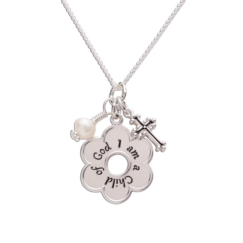 Precious Pieces Sterling Silver First Communion "I am a Child of God" Necklace with Cross Baptism Gift Girls, 14" - Image 1