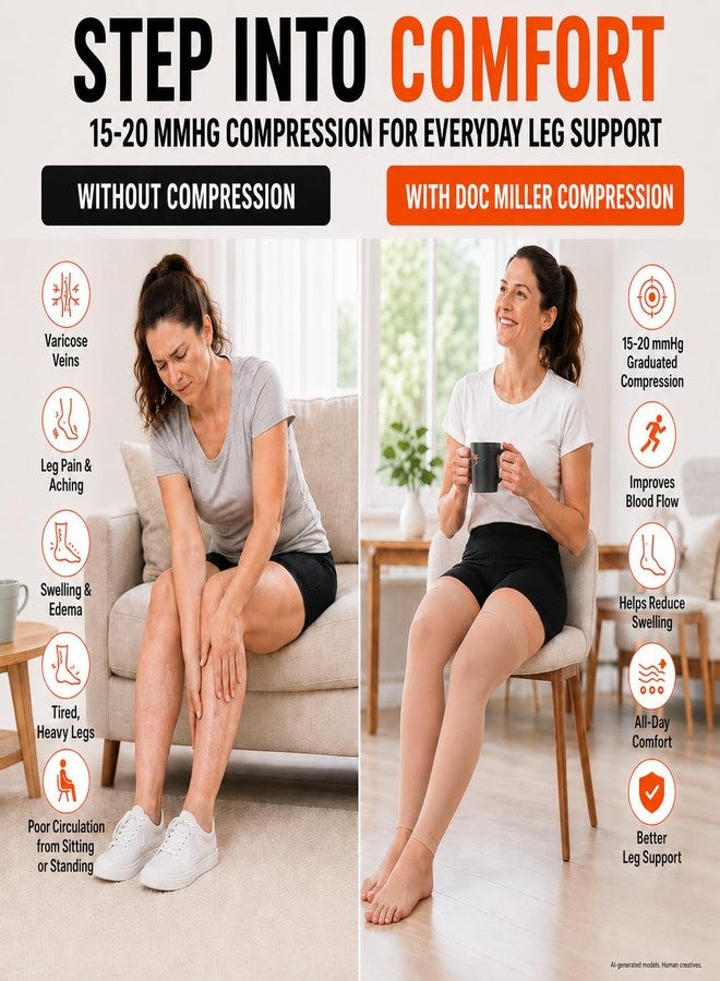 Doc Miller Thigh High Compression Socks for Women & Men, Footless 15-20 mmHg Compression Stockings for Circulation Support, Swelling, Varicose Veins, Travel, Work, Pregnancy & Daily Wear, 1 Pair - Image 4