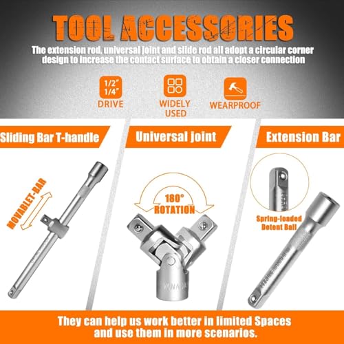 Hetkrishi Mechanics Tools Kit and Socket Set, 108-Piece Socket Wrench Set, 1/4" & 1/2" Drive, with Long Extension Bars - Image 5