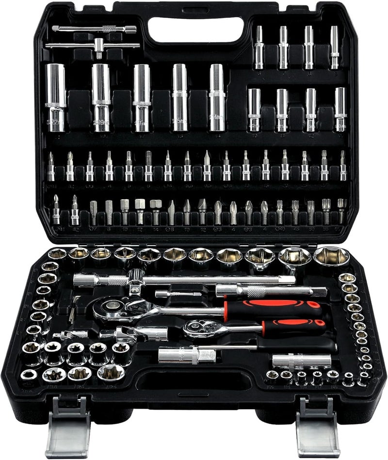 Hetkrishi Mechanics Tools Kit and Socket Set, 108-Piece Socket Wrench Set, 1/4" & 1/2" Drive, with Long Extension Bars - Image 1