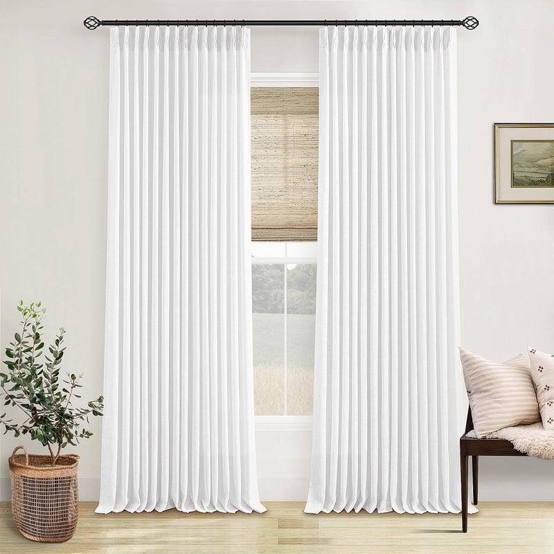 TWODRAPES Thick Linen White Curtains 90 Inches Long for Living Room Bedroon Aesthetic Pinch Pleated Drapes with Hooks Rings Back Tab Light Filtering Semi Sheer Ceiling Floor Custom Made Memory Trained Curtain - Image 1