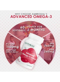 ambrosial Advanced Omega 3 Fish Oil High Strength Fish Oil Capsules 1100Mg With 360Mg Epa And 240Mg Dha- 60 Softgels  - Image 2