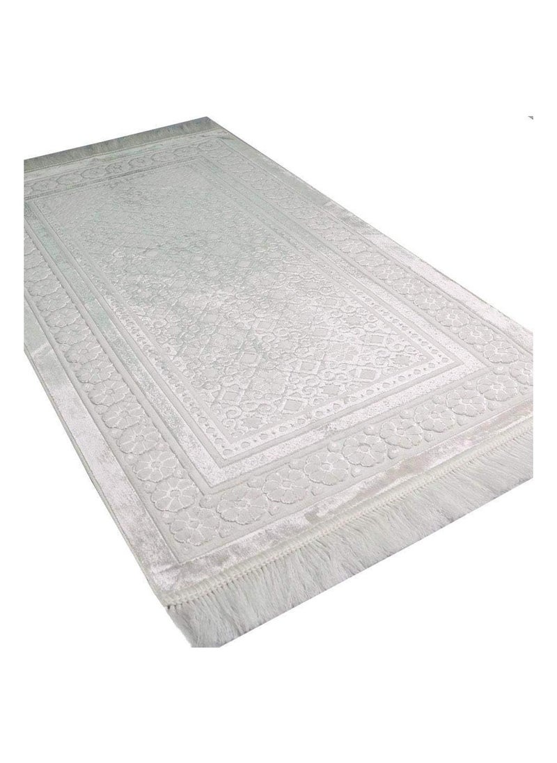 FASHION - Modefa Velvet Prayer Rug - Soft Plush Turkish Janamaz Sajada Carpet for Men and Women - Plain Solid Prayer Mat Ramadan Eid Gift - with Prayer Beads - Luxury Floral Stamp (White) - Image 1