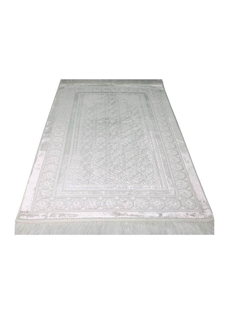 FASHION - Modefa Velvet Prayer Rug - Soft Plush Turkish Janamaz Sajada Carpet for Men and Women - Plain Solid Prayer Mat Ramadan Eid Gift - with Prayer Beads - Luxury Floral Stamp (White) - Image 1