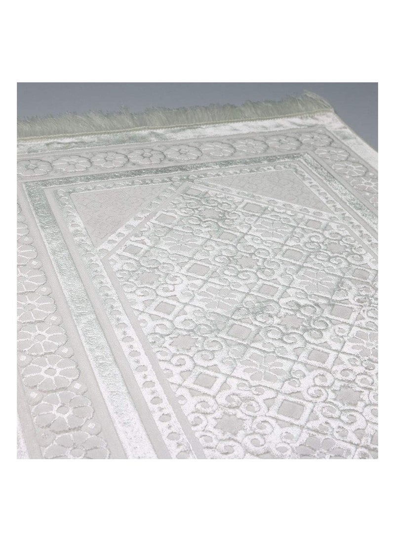 FASHION - Modefa Velvet Prayer Rug - Soft Plush Turkish Janamaz Sajada Carpet for Men and Women - Plain Solid Prayer Mat Ramadan Eid Gift - with Prayer Beads - Luxury Floral Stamp (White) - Image 1