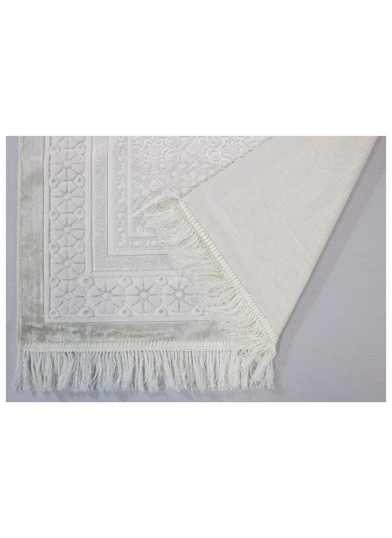 FASHION - Modefa Velvet Prayer Rug - Soft Plush Turkish Janamaz Sajada Carpet for Men and Women - Plain Solid Prayer Mat Ramadan Eid Gift - with Prayer Beads - Luxury Floral Stamp (White) - Image 1