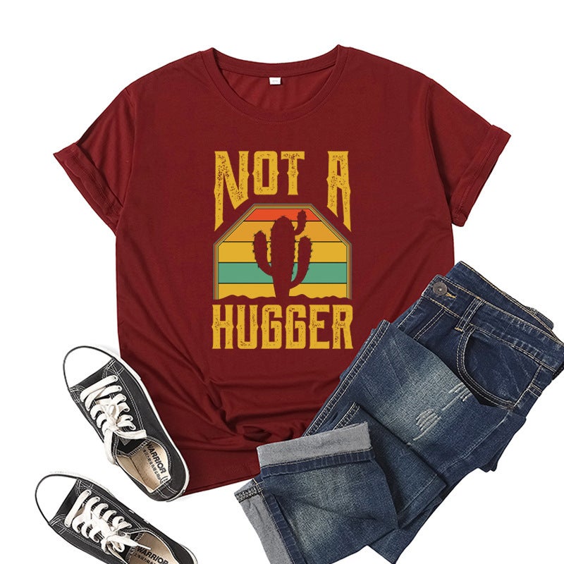 Wholesale foreign trade cross-border not hugger Not A Hugger printed short sleeve T-shirt European and American womens jacket Wine red