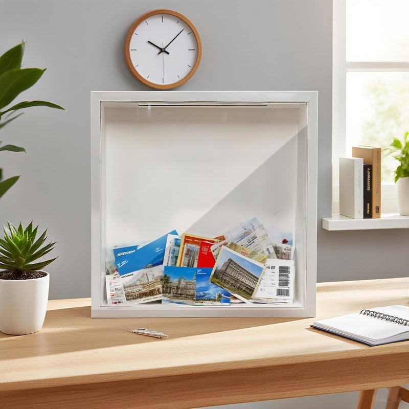 Memories Travel Box, Shadow Box for Concert Tickets, Postcards and 7.8 in / 20 Cm Ticket Stubs, Wooden White Frame, Clear Glass Front, DIY Display Case with Slot - Image 3