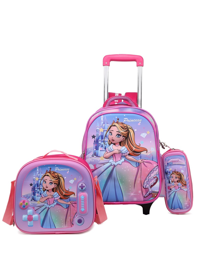 Stargold Baby Backpack 3Pcs For Baby Girls 1 lunch 1 Pencil Box And 1 Bag With Adjustable Strap For School 2 Wheels 14 Inch  - Image 1