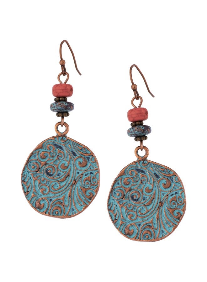 MINACHI Bohemian Engraved Circle Disc Dangle Drop Earrings with Bead Accents, Boho Hippe Jewelry Gift for Women - Image 1
