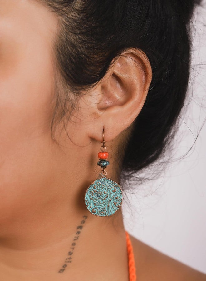 MINACHI Bohemian Engraved Circle Disc Dangle Drop Earrings with Bead Accents, Boho Hippe Jewelry Gift for Women - Image 5