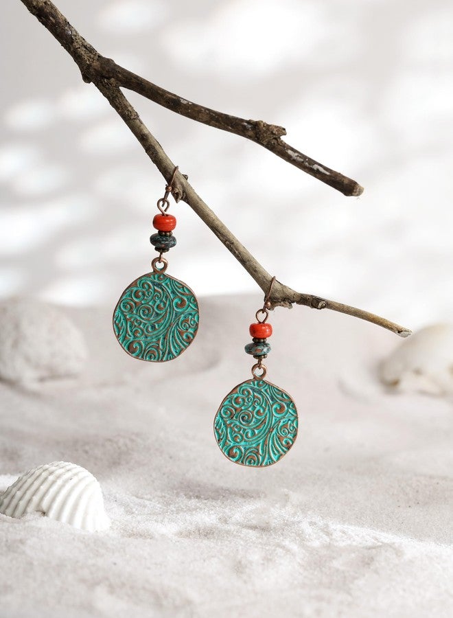 MINACHI Bohemian Engraved Circle Disc Dangle Drop Earrings with Bead Accents, Boho Hippe Jewelry Gift for Women - Image 4