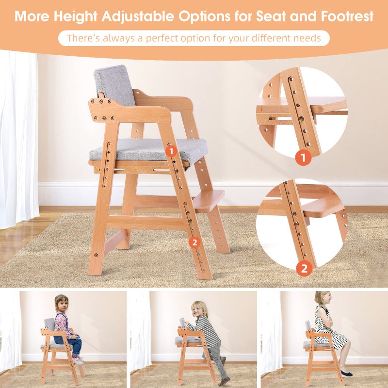Ezebaby Wooden High Chair for Toddlers to Teens Adjustable Kids Learning Chair with Steps, Child Seats with Removable Cushion (Natural Color) - Image 2