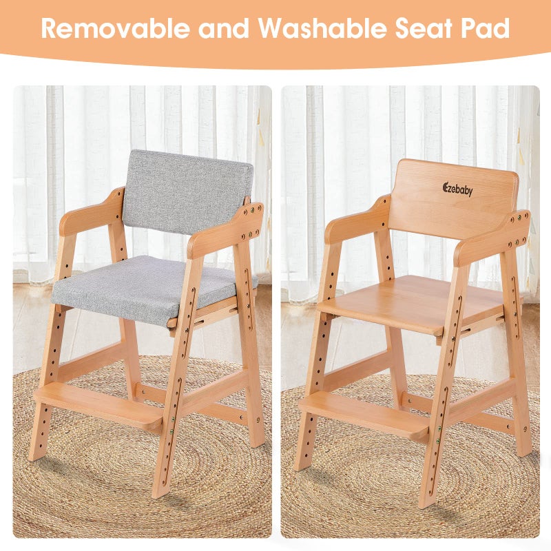 Ezebaby Wooden High Chair for Toddlers to Teens Adjustable Kids Learning Chair with Steps, Child Seats with Removable Cushion (Natural Color) - Image 5