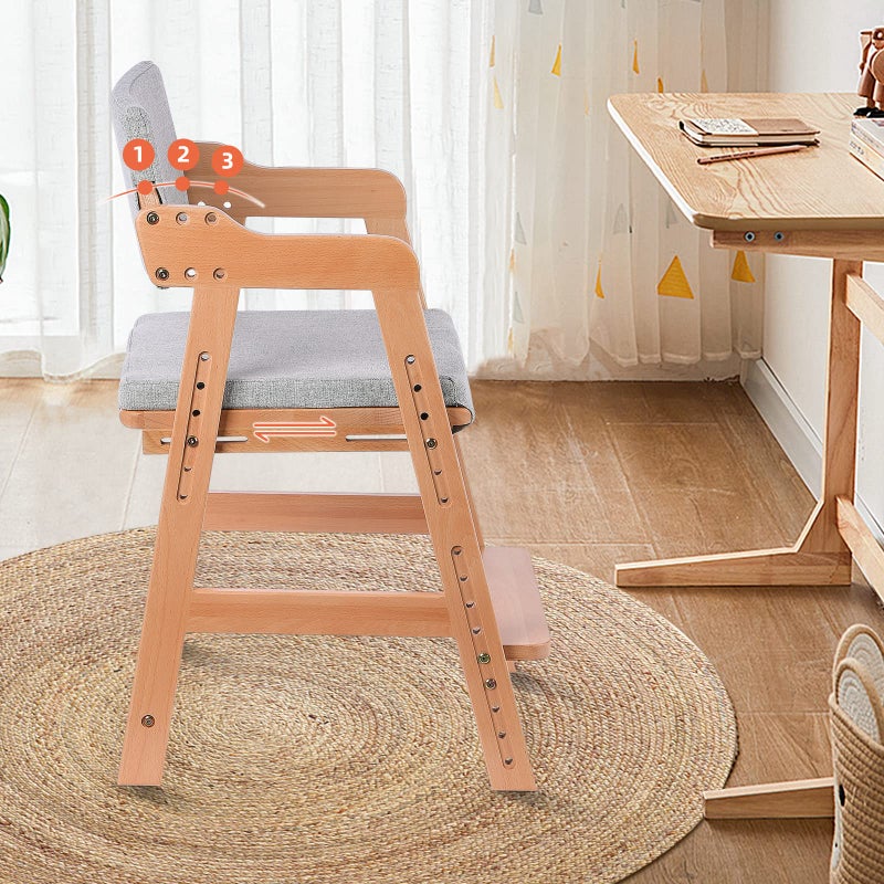 Ezebaby Wooden High Chair for Toddlers to Teens Adjustable Kids Learning Chair with Steps, Child Seats with Removable Cushion (Natural Color) - Image 3