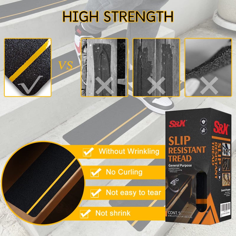 SX S&X Outdoor Stair Treads Non-Slip Safety Tape, 6â€ x 24â€, 5-Pack, Pre-Cut Anti Slip Tape with Reflective Stripe, Heavy Duty Traction Grip Tape for Wooden Steps, Concrete Stairs, Decks - Image 3