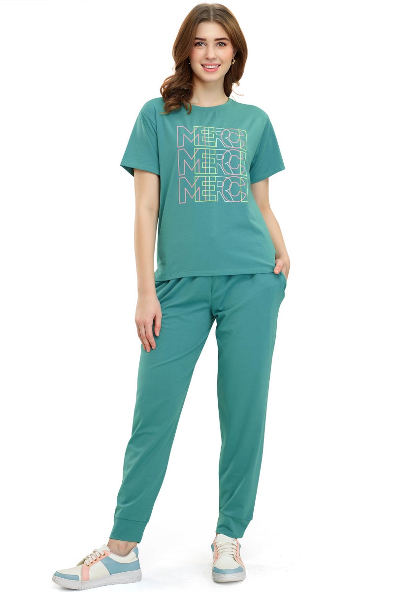 ZEYO Women's Cotton Green Typography Printed Night Suit Set of Top & Joggers 5713 - Image 1