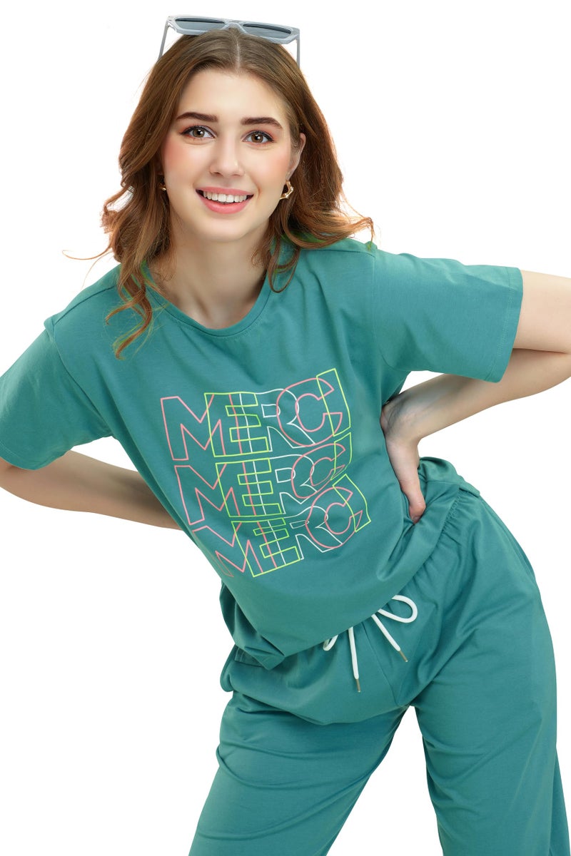 ZEYO Women's Cotton Green Typography Printed Night Suit Set of Top & Joggers 5713 - Image 2