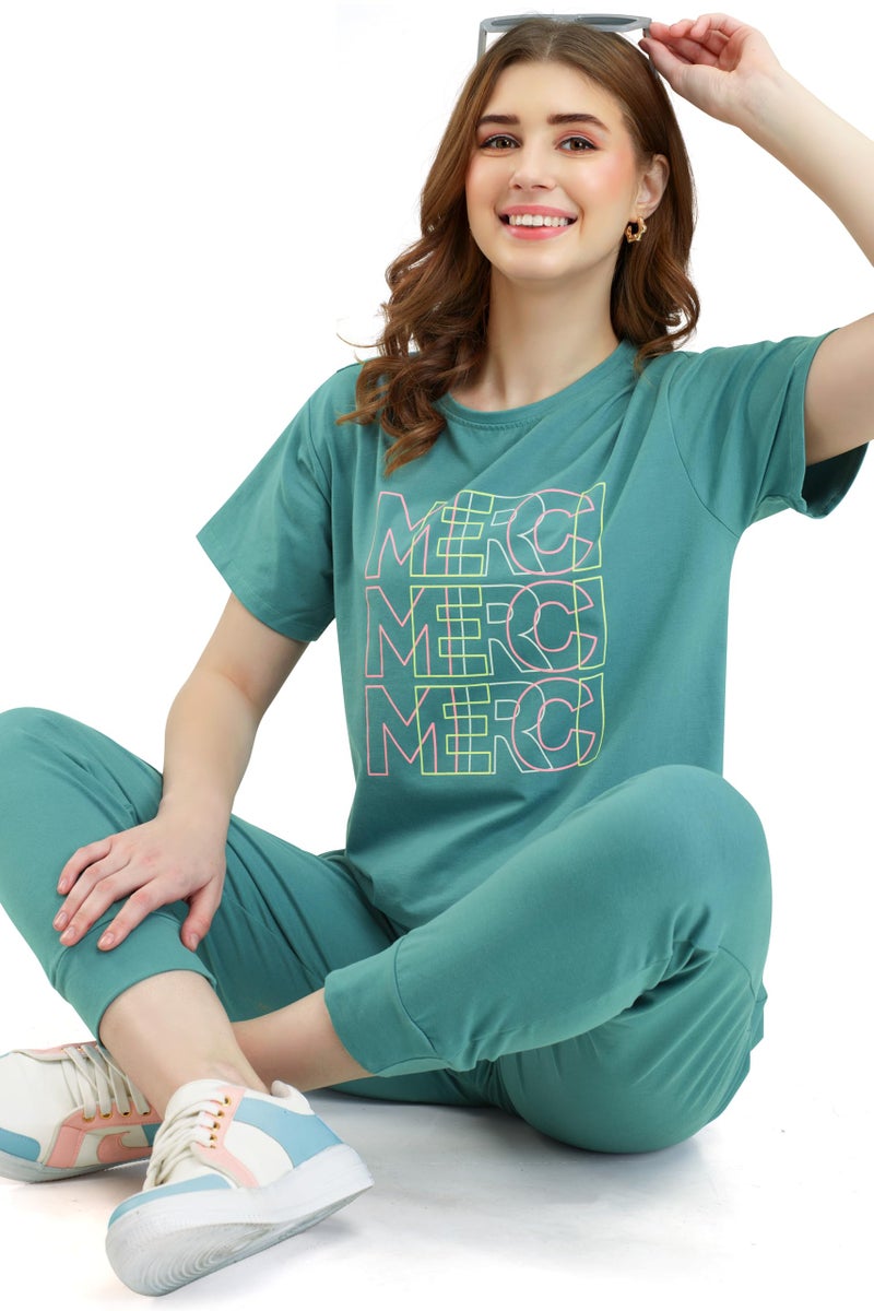 ZEYO Women's Cotton Green Typography Printed Night Suit Set of Top & Joggers 5713 - Image 3