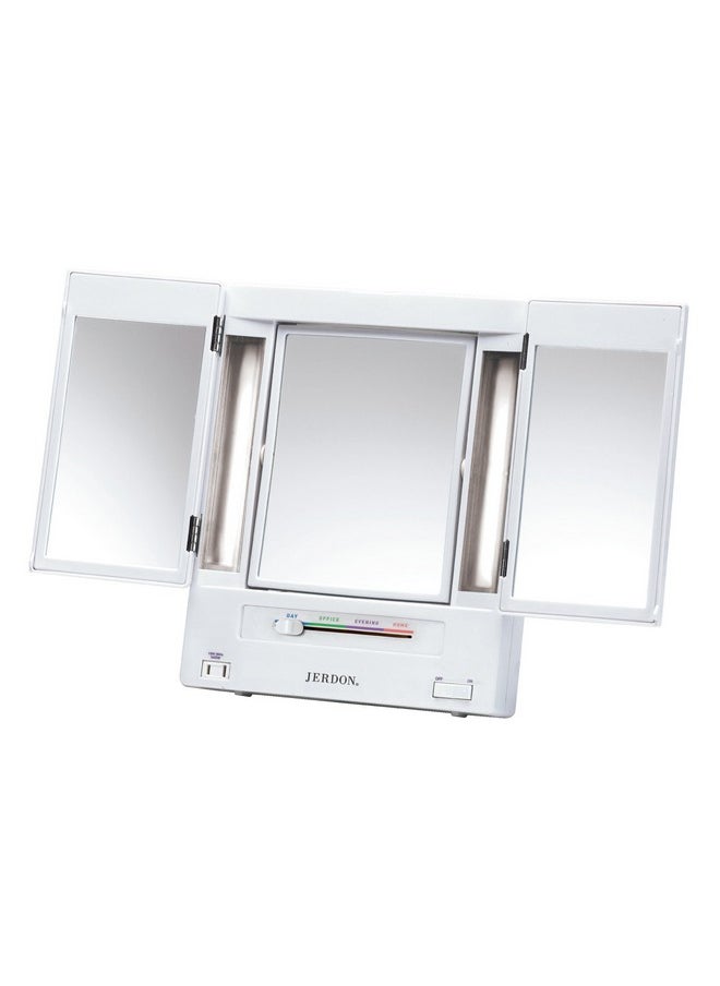 Jerdon - Trifold Twosided Makeup Mirror With Lightsvanity Mirror With 5X Magnification & Multiple Light Settingswhite Basemodel Jgl9W - Image 1