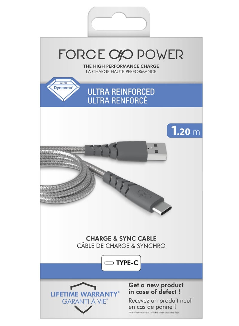 FORCE Force Power USB A to USB C Ultra Reinforced Cable 1.2M Lifetime Warranty Gray - Image 1