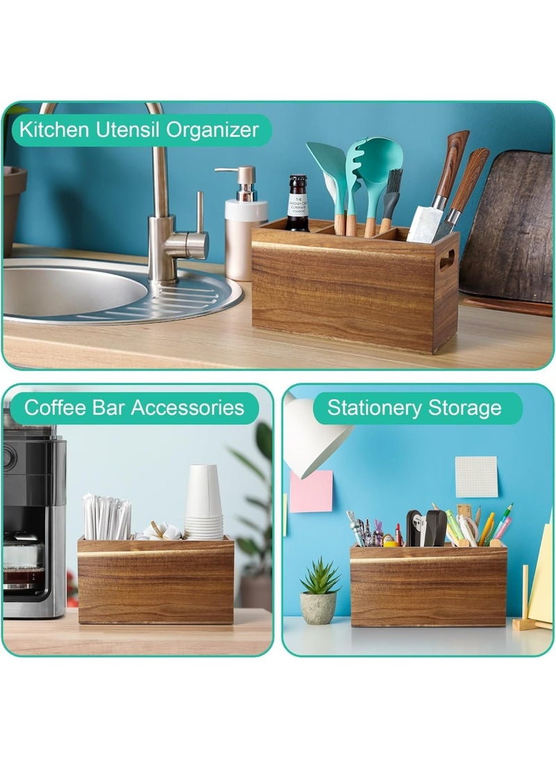 Acacia Wood Utensil Holder, 3 Compartments with Handles, Rustic Cutlery Organizer Caddy - Image 5