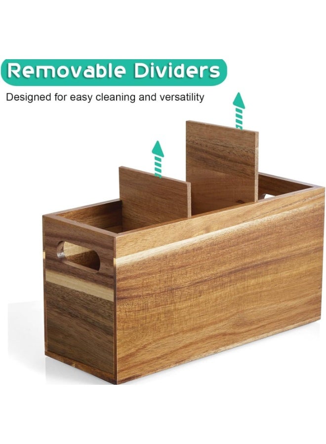 Acacia Wood Utensil Holder, 3 Compartments with Handles, Rustic Cutlery Organizer Caddy - Image 4