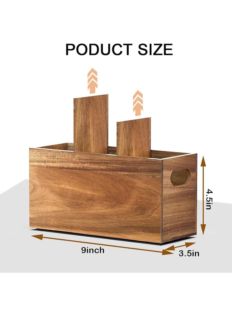 Acacia Wood Utensil Holder, 3 Compartments with Handles, Rustic Cutlery Organizer Caddy - Image 2