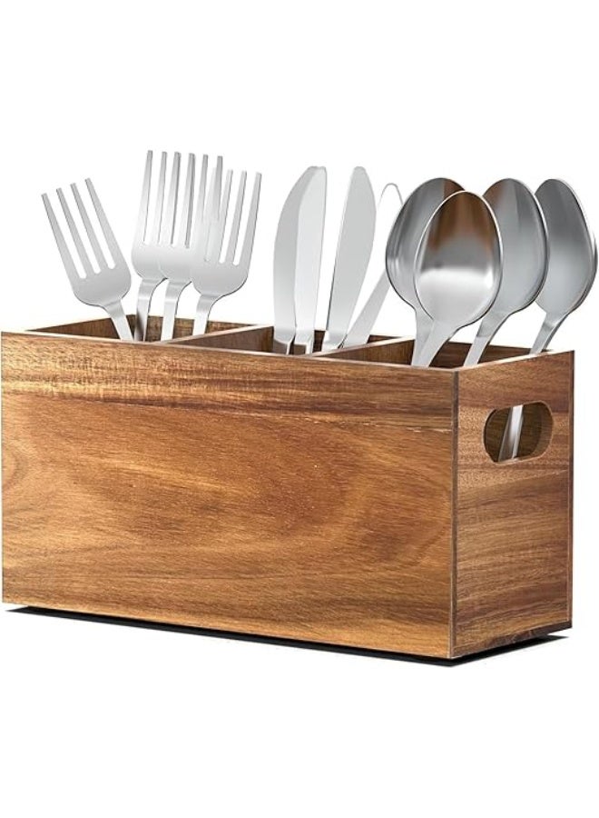 Acacia Wood Utensil Holder, 3 Compartments with Handles, Rustic Cutlery Organizer Caddy - Image 1