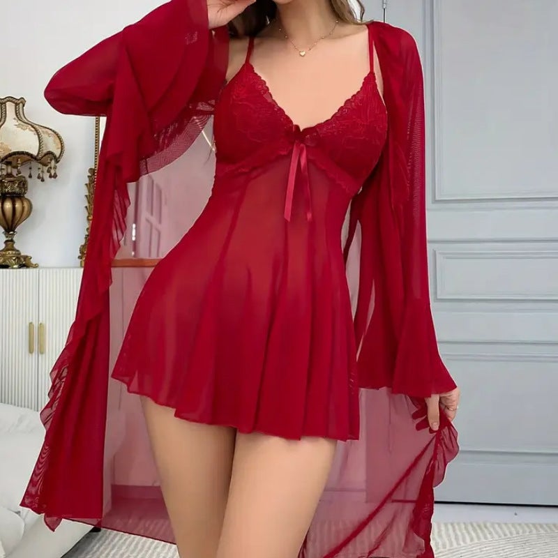 ملابس نوم نسائية مريحة من قماش الشبك بتصميم عميق وشفاف، فستان نوم جذاب ومثير